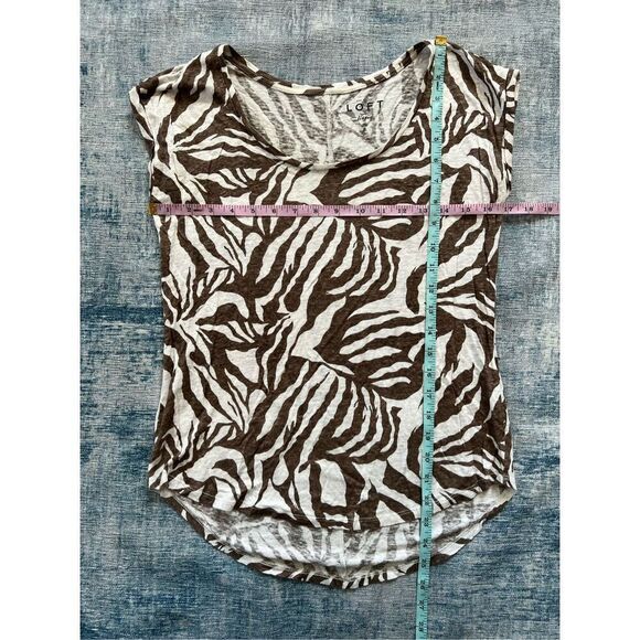 Ann Taylor Loft Brown White Abstract Zebra Pattern 100% Linen Short Sleeve Tee S - Picture 5 of 7